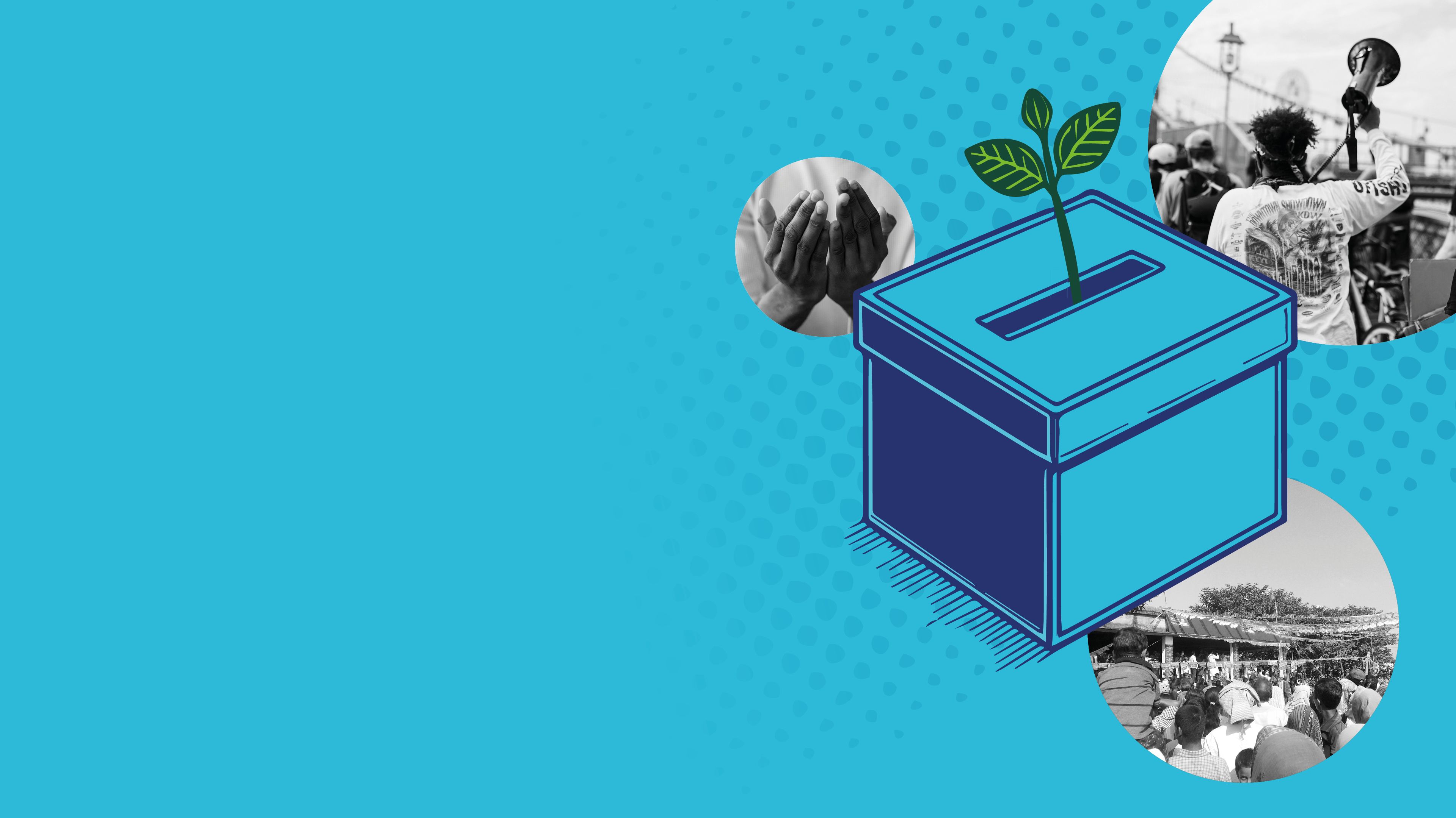 Collage of images, with an illustration of a ballot box layered over the top. The ballot box has a small seedling shooting out of the top