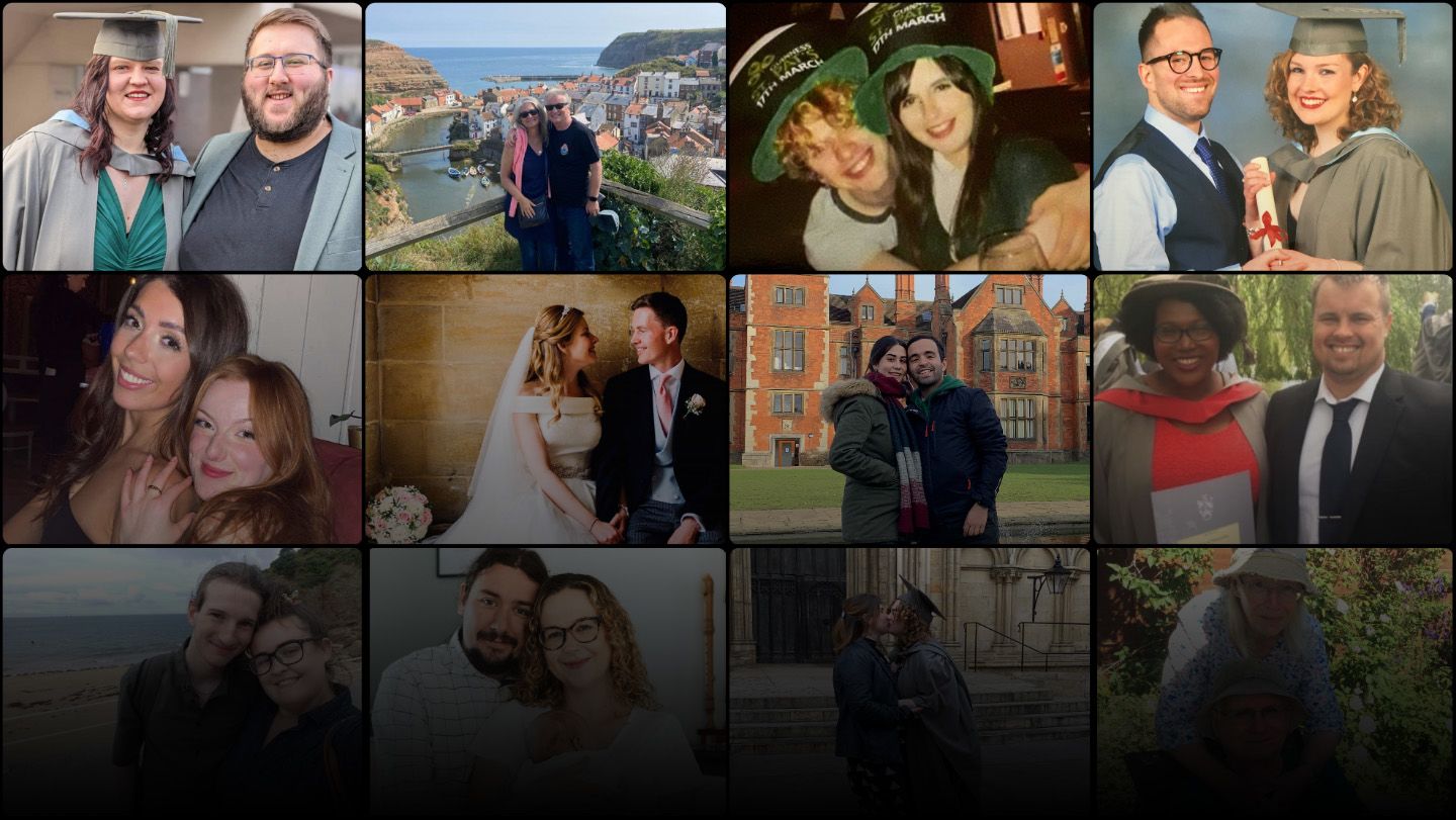 A collage of photos of 16 couples who met while studying at York. Among the photos are many people in grey graduation robes, a wedding photo and a couple with a young baby.