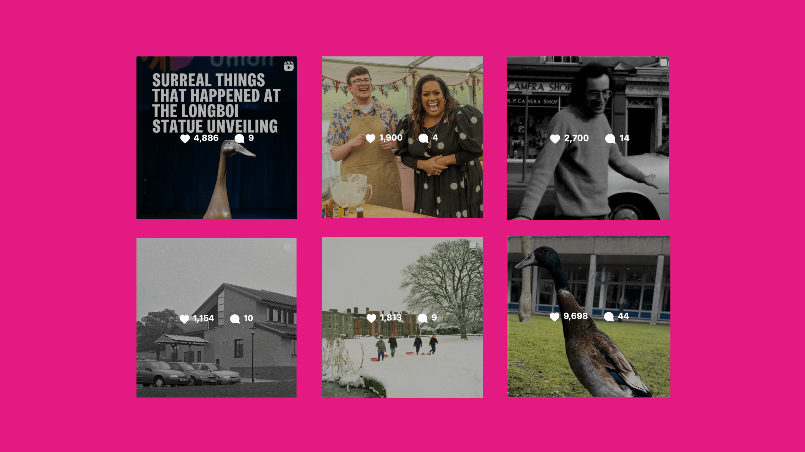 A college of different social media posts, featuring the Long Boi statue, the Bake Off tent, a young Allen Samuels, early James college, snow outside of Heslington Hall and Long Boi while he was still alive